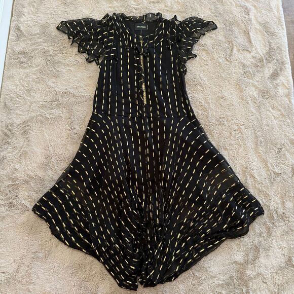 Zadig & Voltaire Black/Gold Crepe Rool Shiny Ruffled Dress Sz S Designer Luxury - Picture 2 of 13